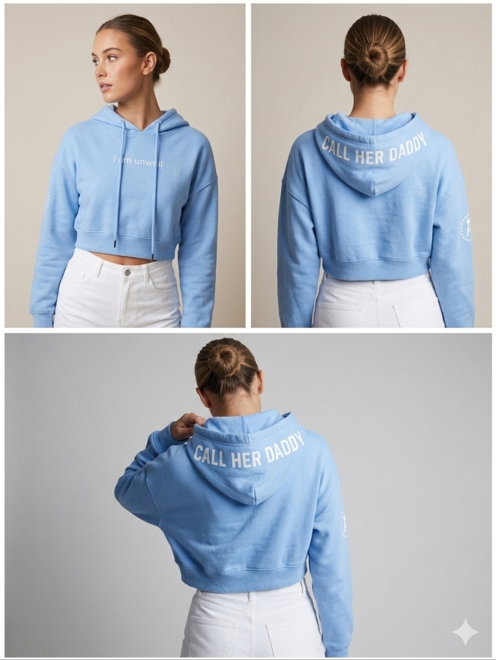Cropped Light Blue Hoodie with Back Text - Women